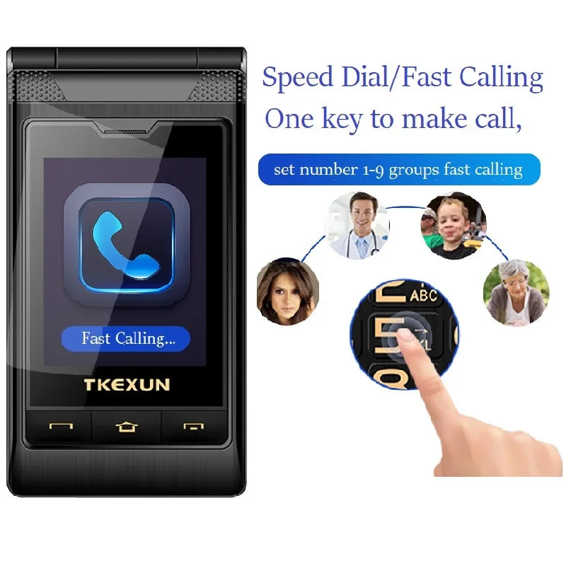Two Screen 2.8" Display Dual Answer Blacklist Quick Dial SOS Call Large Key Flashlight Flip Mobile Phone Free Case