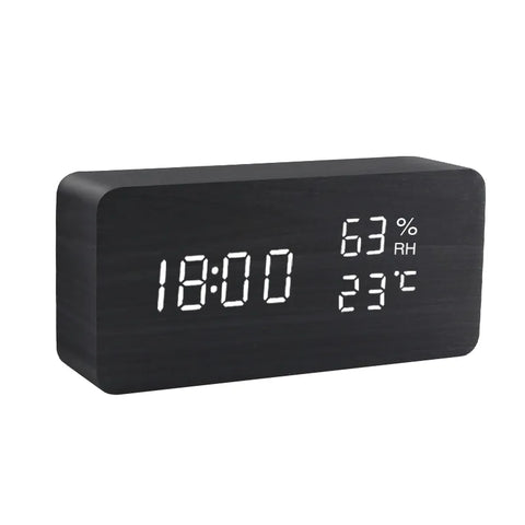 Alarm Clock LED Digital Wooden USB/AAA Powered Table Watch With Temperature Humidity Voice Control Snooze Electronic Desk Clocks
