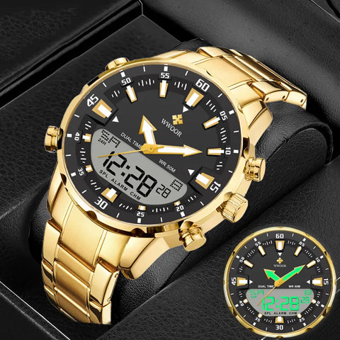 WWOOR New Top Luxury Original Sports Wrist Watch For Men Quartz Steel Waterproof Dual Display Military Watches Relogio Masculino