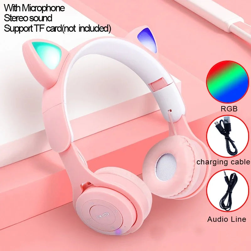 New Flashing LED Cute Cat Ears Headphones Bluetooth Wireless Headset with Mic TF FM Kid Girl Stereo Music Earbud Kitten Earphon