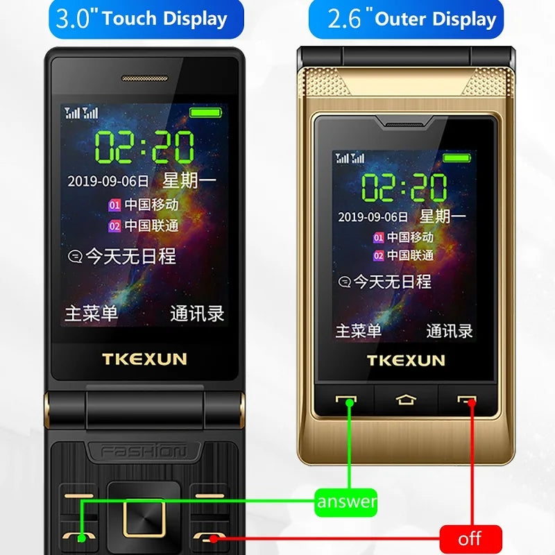 Two Screen 2.8" Display Dual Answer Blacklist Quick Dial SOS Call Large Key Flashlight Flip Mobile Phone Free Case