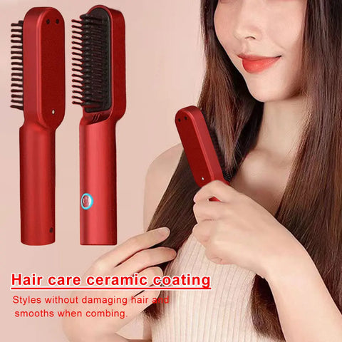 2 in 1 Hair Straightener Brush Anti-frizz Rechargeable Hair Curler Auto-shutoff Fast Heating Hot Comb Hair Styling Tool