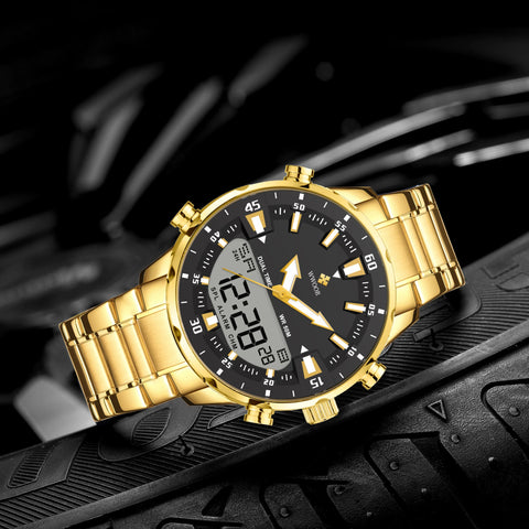WWOOR New Top Luxury Original Sports Wrist Watch For Men Quartz Steel Waterproof Dual Display Military Watches Relogio Masculino